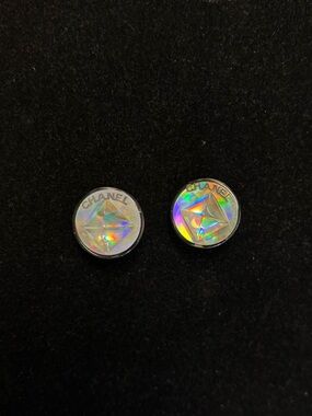 CHANEL vintage Holographic round resin lucite clip on earrings